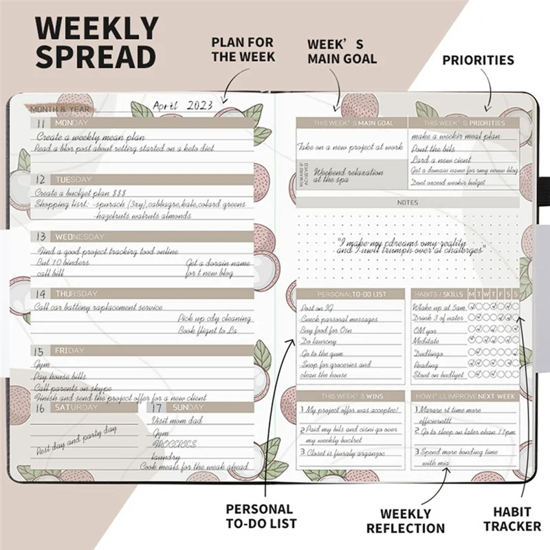 Caderno AEE7-Week Planner 2024 com capa PU, capa dura média (A5), 5,9X8,4 polegadas