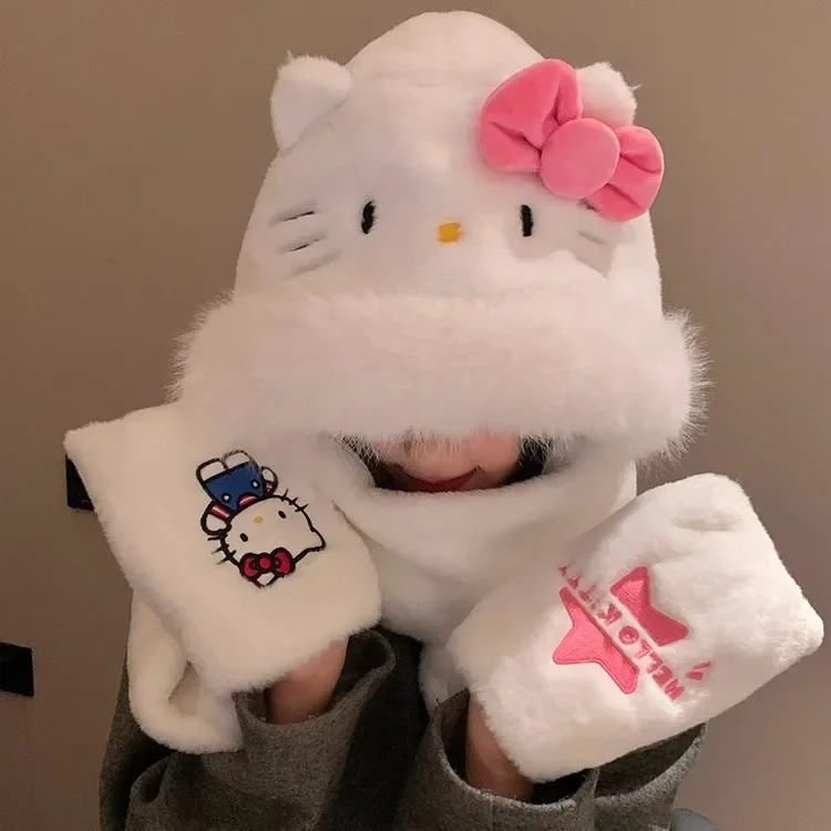 Новая шапка Kawaii Sanrio Hellokitty, шарф, интегрированная аниме, милая красота, женская зимняя теплая плюшевая шапка, студенческий рождественский подарок