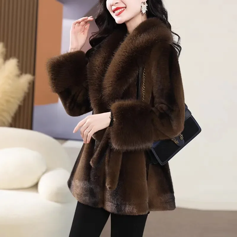 Nachahmung Nerz Samt Jacke Damen mantel Winter 2024 neue Mode loser Gürtel mittellang dick warm Pelz Pelz Mantel Outwear