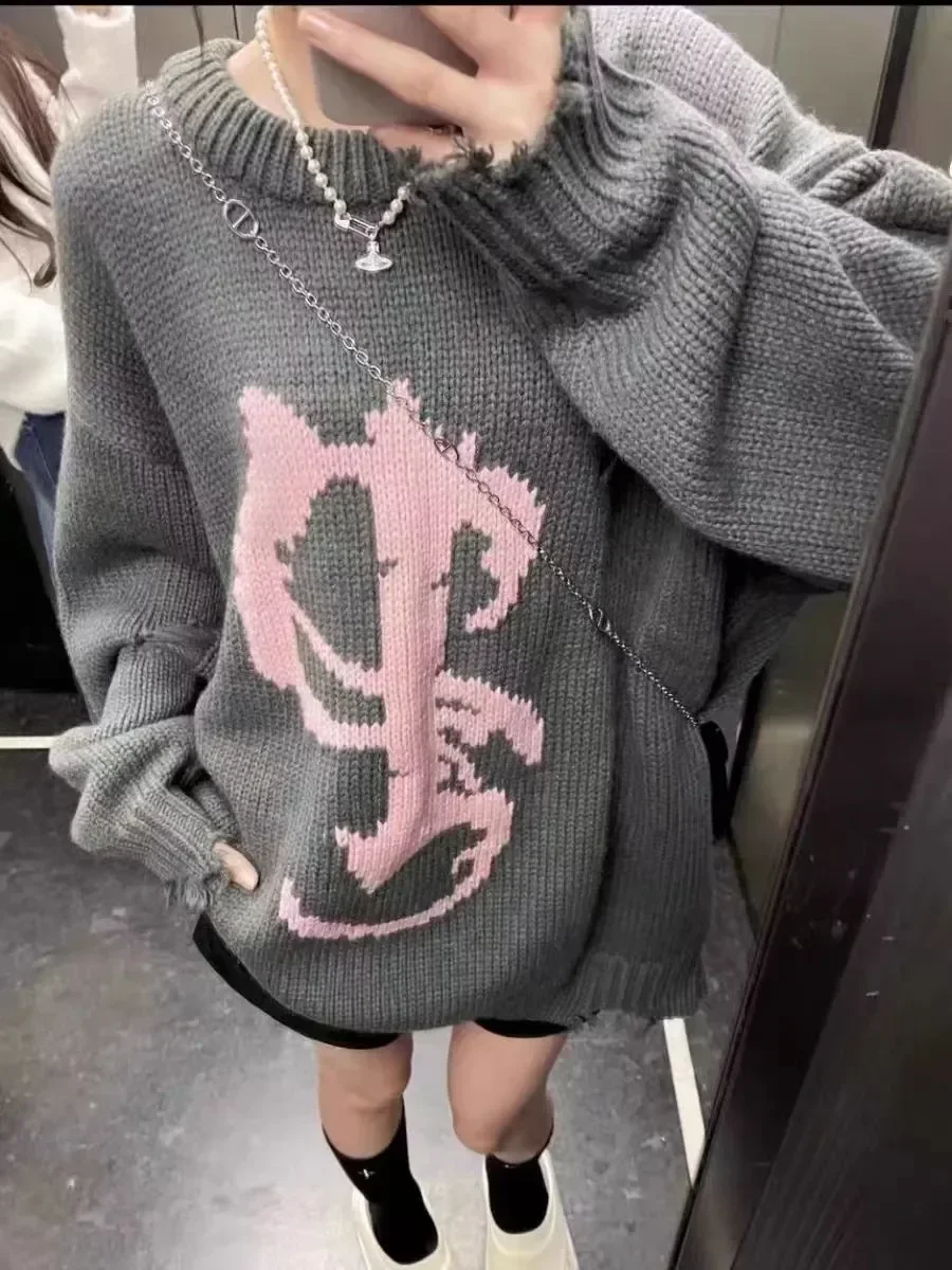 سترات نسائية محبوكة عتيقة بلوفرات دافئة مترهل فضفاضة برقبة مستديرة مطبوعة شعبية كل مباراة مريحة كلاسيكية Ulzzang