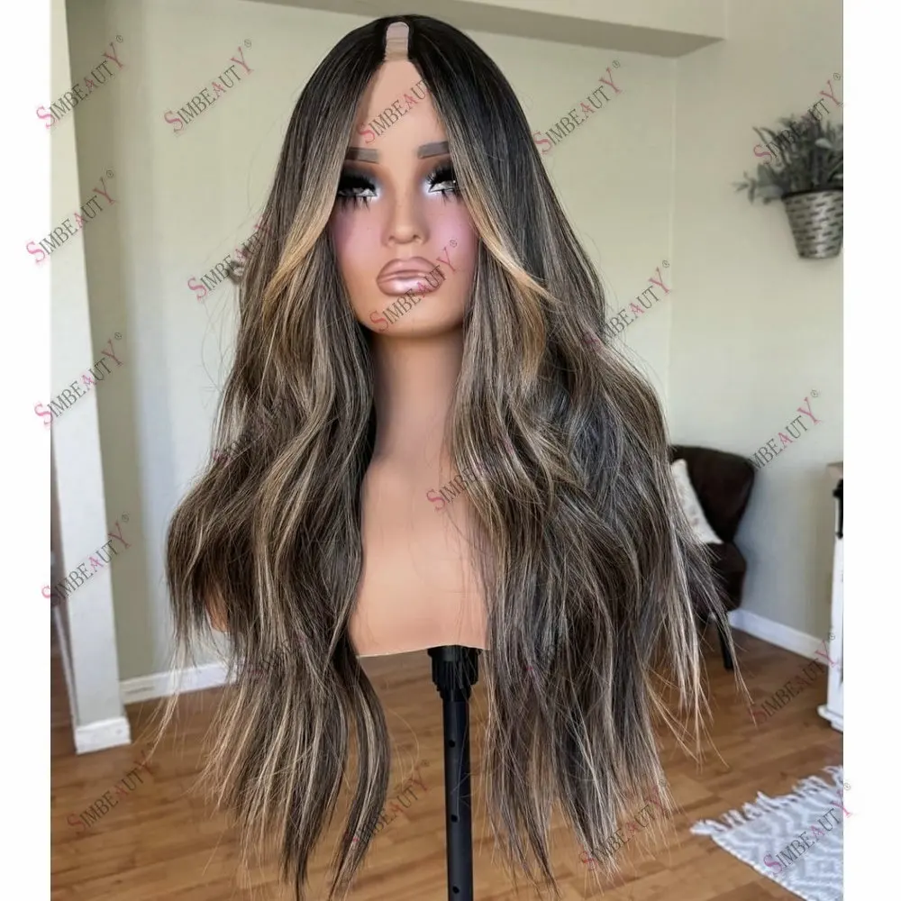 Honey Blonde Hightlight U Part Wig Human Hair Adjustable Slightly Curly 1*4 Size V Part Wig Human Hair Easy Wear for Women