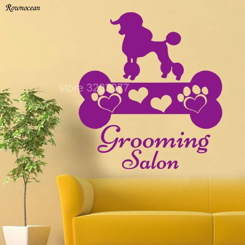 ROWNOCEAN Pet Shop Grooming Salon Decal Cute Paw Heart Print Bone Vinyl Sticker For Pet Shop Poodle Art Mural Decor Z193