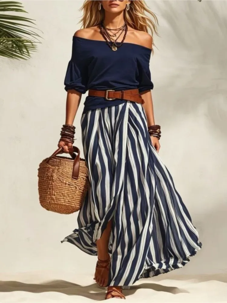 2026Women Multiple Colors Off Shoulder Puff Sleeve Top Vertical Stripe Flowy Maxi Skirt 2 Piece Outfit Loose Casual Vacation Set