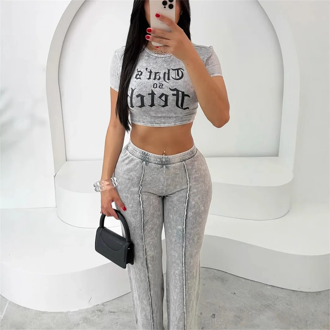 

New High Street Hip-hop Solid Color Street Print Short Short-sleeved Top Straight Trousers Suit for Women Костюм Женский