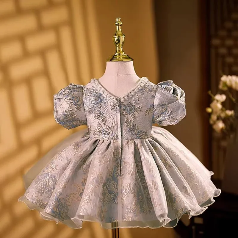 Girls Spanish Floral Pearls Ball Gown Baby Lolita Princess Dresses Infant Birthday Christening Dress Girl Boutique Clothes A1354