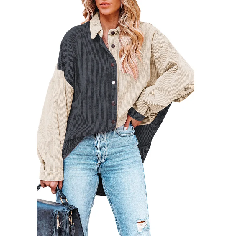 レディース カラーブロック コーデュロイ ルーズ シャツジャケット インテリジェントスタイル 長袖 ビジネス レディースファッション 春コレクション