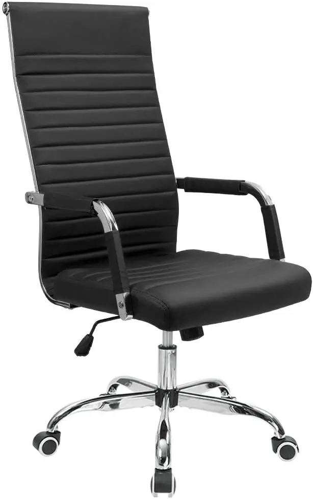 Ribbed Office Chair High Back PU Leather Executive Conference Chair Adjustable Swivel Chair with Arms, Black