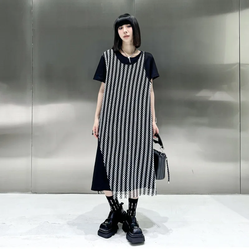 Tannt Frauen Kleid Asymmetrie Patchwork Gefälschte Zwei-stück Beiläufige Lange Kleider Unregelmäßige Farbe Passenden Lose Sommer Frauen Kleider