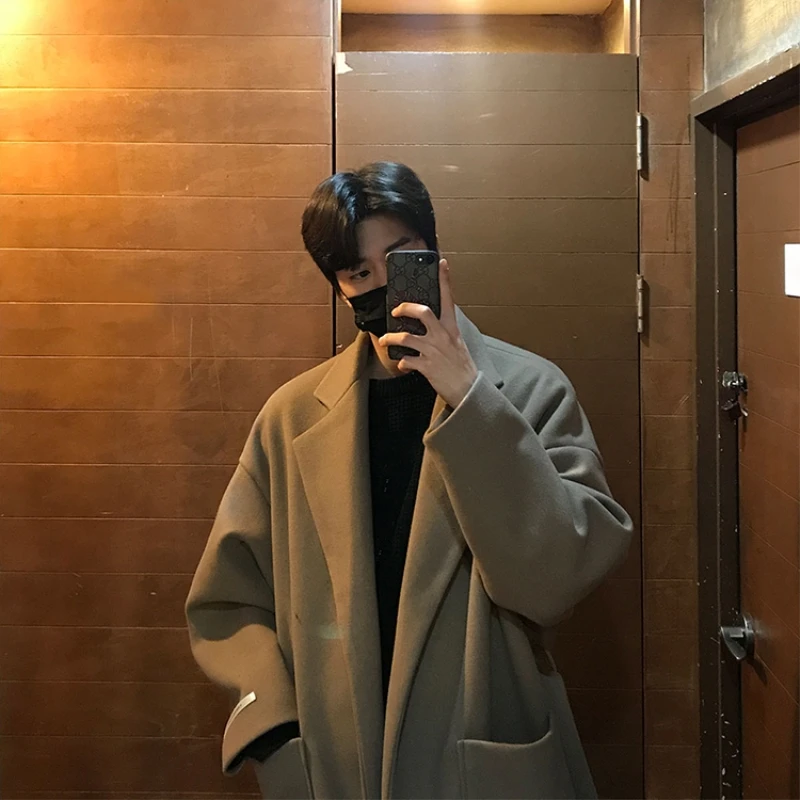 

Men's Mid-Length Woolen Coat Winter Thiened Over-Knee Faion Urban Sle Youth Pure Color Lapel Design Casual Lapel Coat