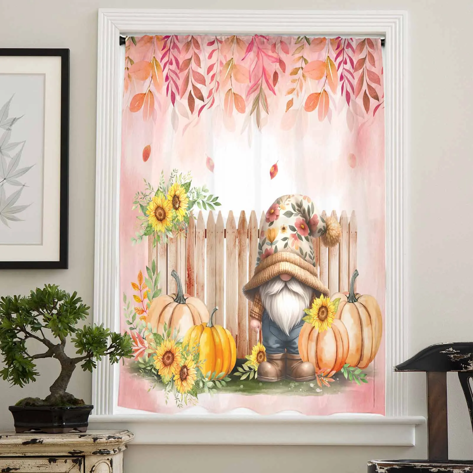 Thanksgiving Plant Fence Sunflower Pumpkin Sheer Curtains for Living Room Bedroom Window Treatment Kitchen Chiffon Curtain