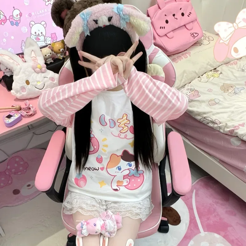 Japanese Kawaii Fairy Cartoon Print Streetwear Lolita T-shirts Lolita Vintage Stripe Tops Women Y2k Aesthetic Slim Harajuku Tees