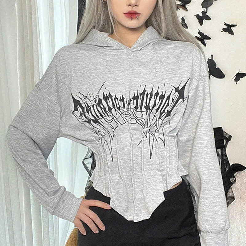 Womens Long Sleeve Cropped T-Shirts Casual Corset Crop Tops Solid Color Hooded Pullover Hoodie Sweatshirt Tees Shirts