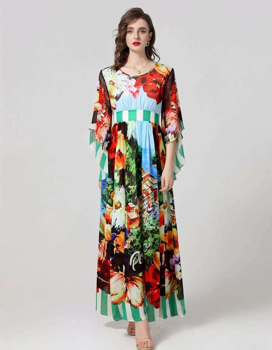 فستان نسائي طويل بطبعات زهور وناظر طبيعية خلابة - رقبة على شكل حرف V، أكمام جرس متدفقة صيفية بوهو بيتش فيستدوس
