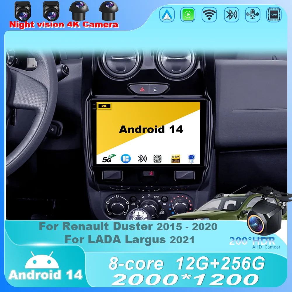 

Car Radio For Renault Duster 2015 - 2020 For LADA Largus 2021 Android 14 Multimedia Player Stereo Navigation GPS Carplay Screen