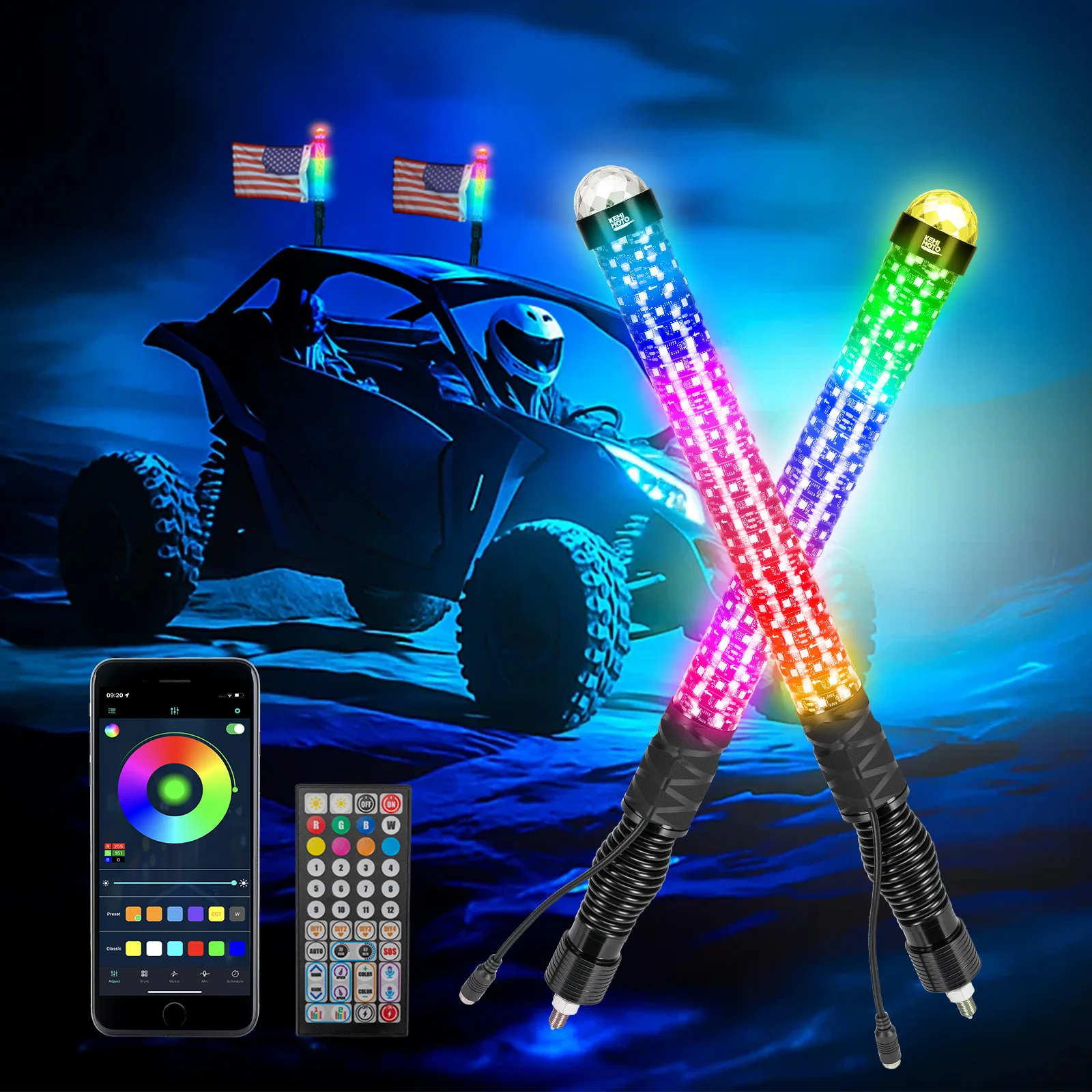 KEMIMOTO Fat Whip Lights with Warning Light Remote APP Control for ATV Can-Am X3 Polaris RZR Offroad Boating RGB Chasing Light