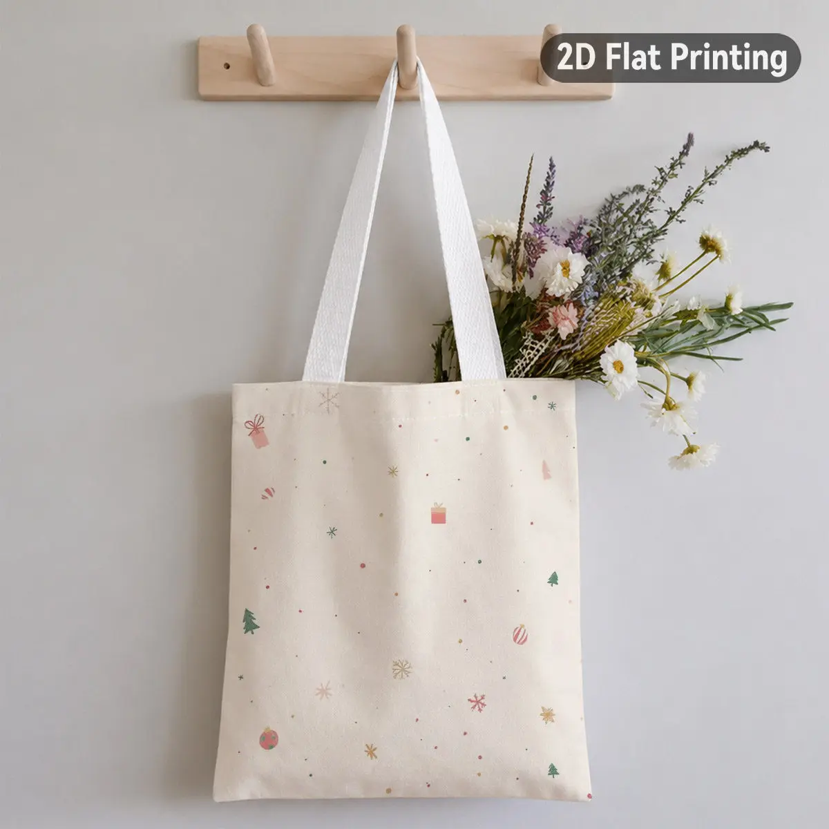 2D Flat 1pc Elegant Minimalist Christmas Icon Print Tote Bag, Christmas Graphic, Duplex Prints, Small Festive Elements on Cream