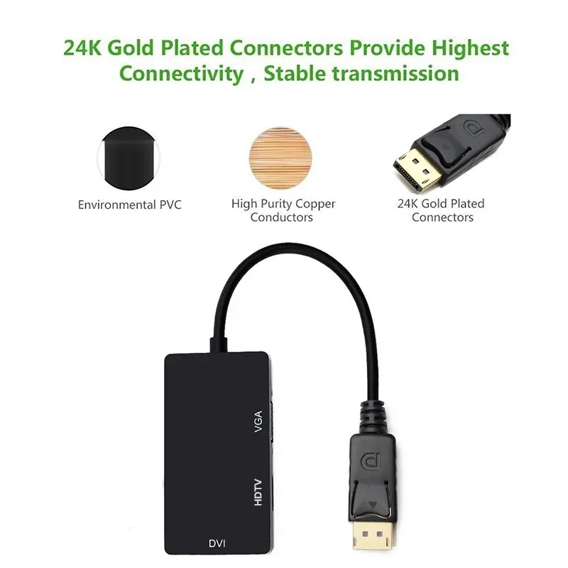 Convertidor adaptador de vídeo Compatible con DisplayPort a HDMI VGA DVI 1080P HDTV DP para monitor de ordenador portátil Nvidia AMD HP Dell Asus PC