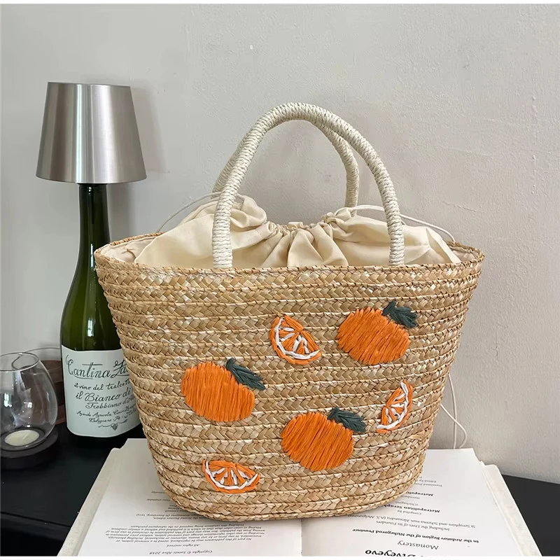 Kokosnuss-Stickerei Strohgewebte Strandtasche, Große Kirsch-Tragetasche, Damen Sommer Casual Urlaubstasche mit Schriftzug – Detail 9