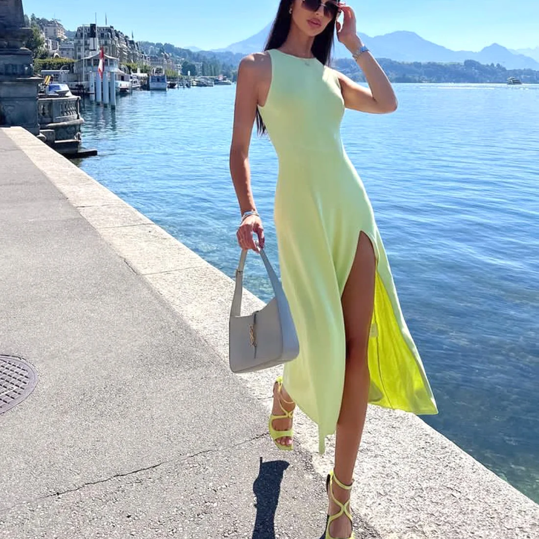 High Slit Computer Flat Knitting Dress Midi Stretchy Sundress 2023 O-neck Solid Simple Casual Vacation Beach Women Summer Dress