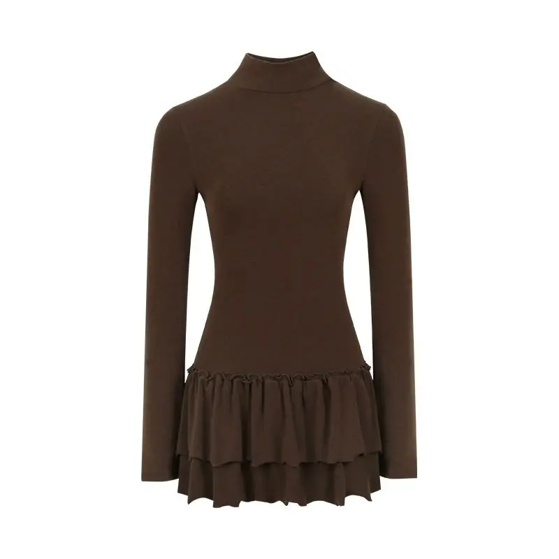 Abito t-shirt a maniche lunghe con collo mezzo alto Donna Autunno Inverno Solido Slim Fit Base sovrapposta Mini abiti con volant Semplice