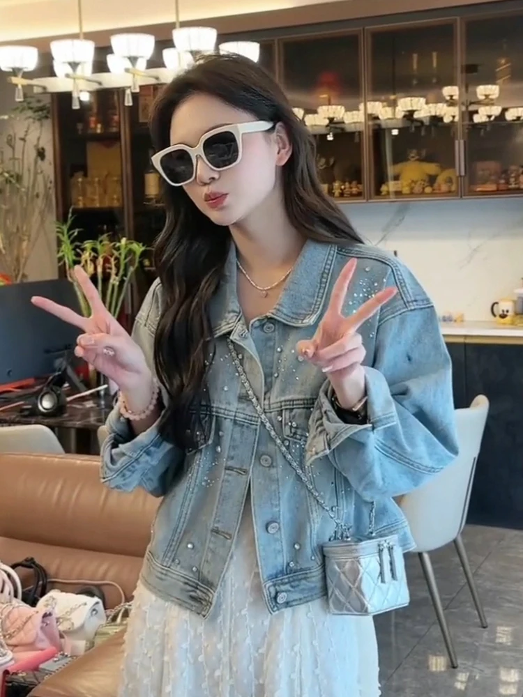 Korean Style Fashionable Heavy Rhinestone Denim Jacket Women's Spring Autumn Design Loose Versatile Jacket Top
