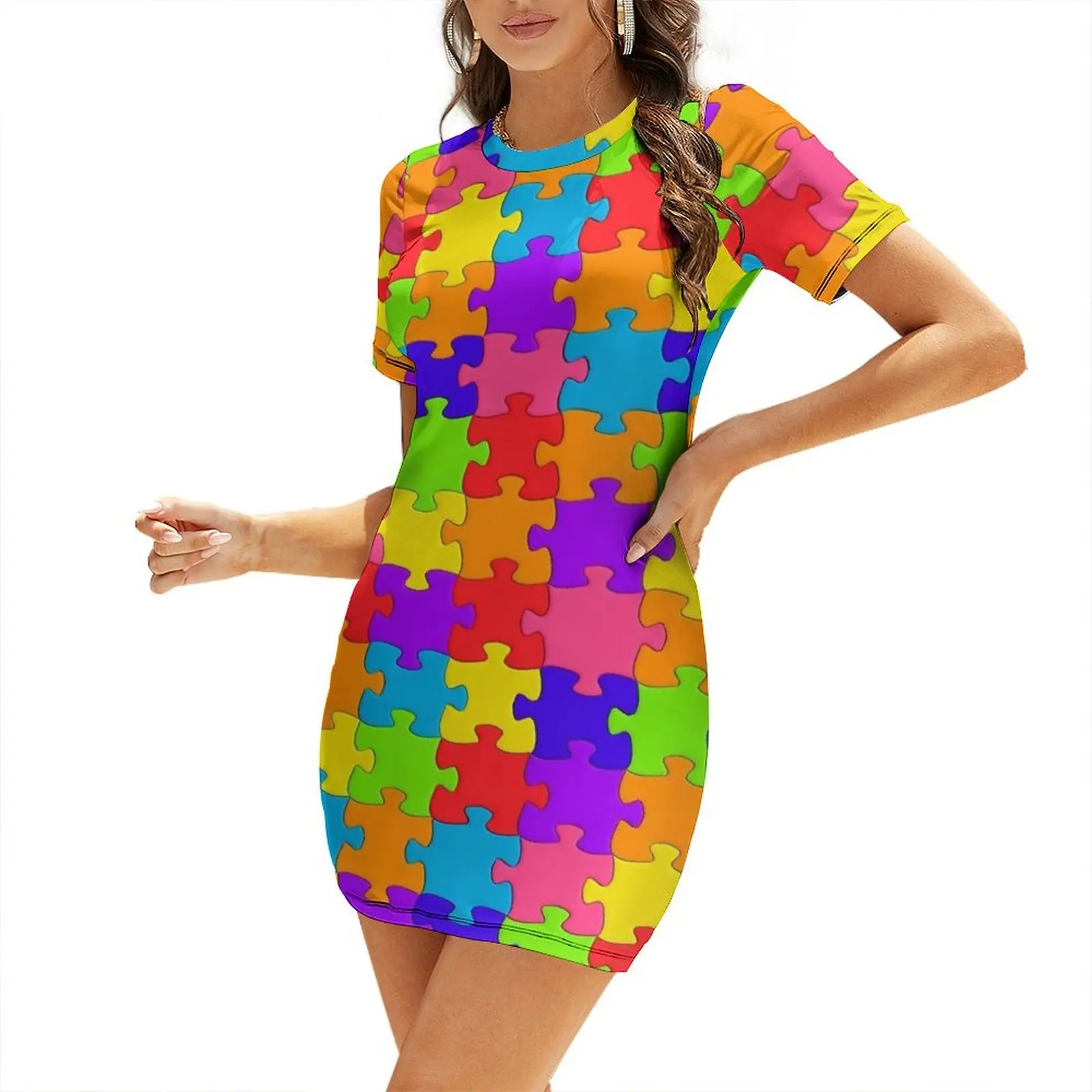 

Jigsaw pattern multicolour design Short Sleeved Dress wedding dresses for parties dresses ladies 2025 summer Dress