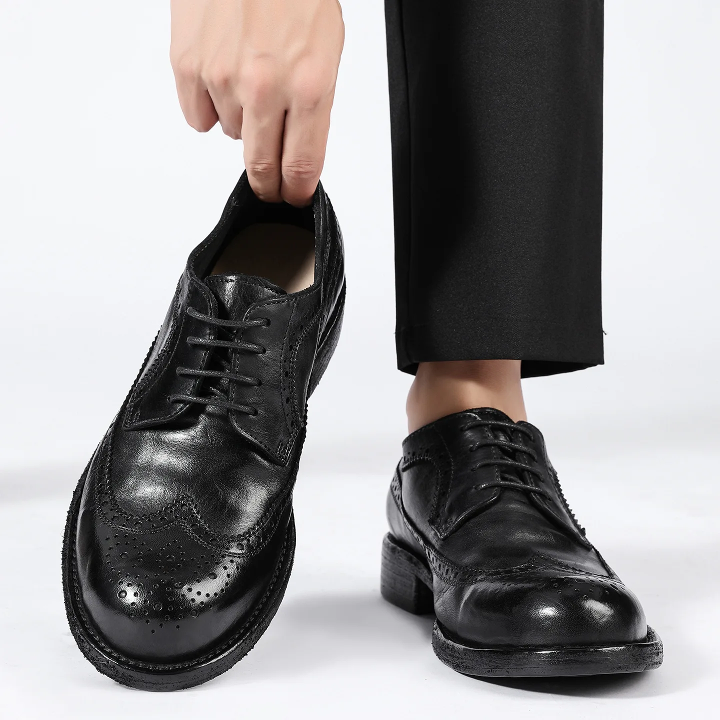 Men's Handmade Goodyear Welted Washed Shell Cordovan Brogue Dress Shoes Large Size Business Casual Wedding Footwear Leather Sole