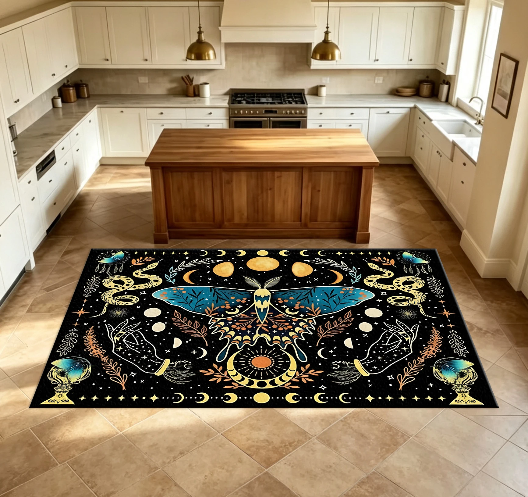 Mystical Witchcraft Moth Moon Phase Rug, Bohemian Astronomical Snake Star Non-Slip Floor Mat, Suitable for Bedroom Mystical Gothic Home Decor