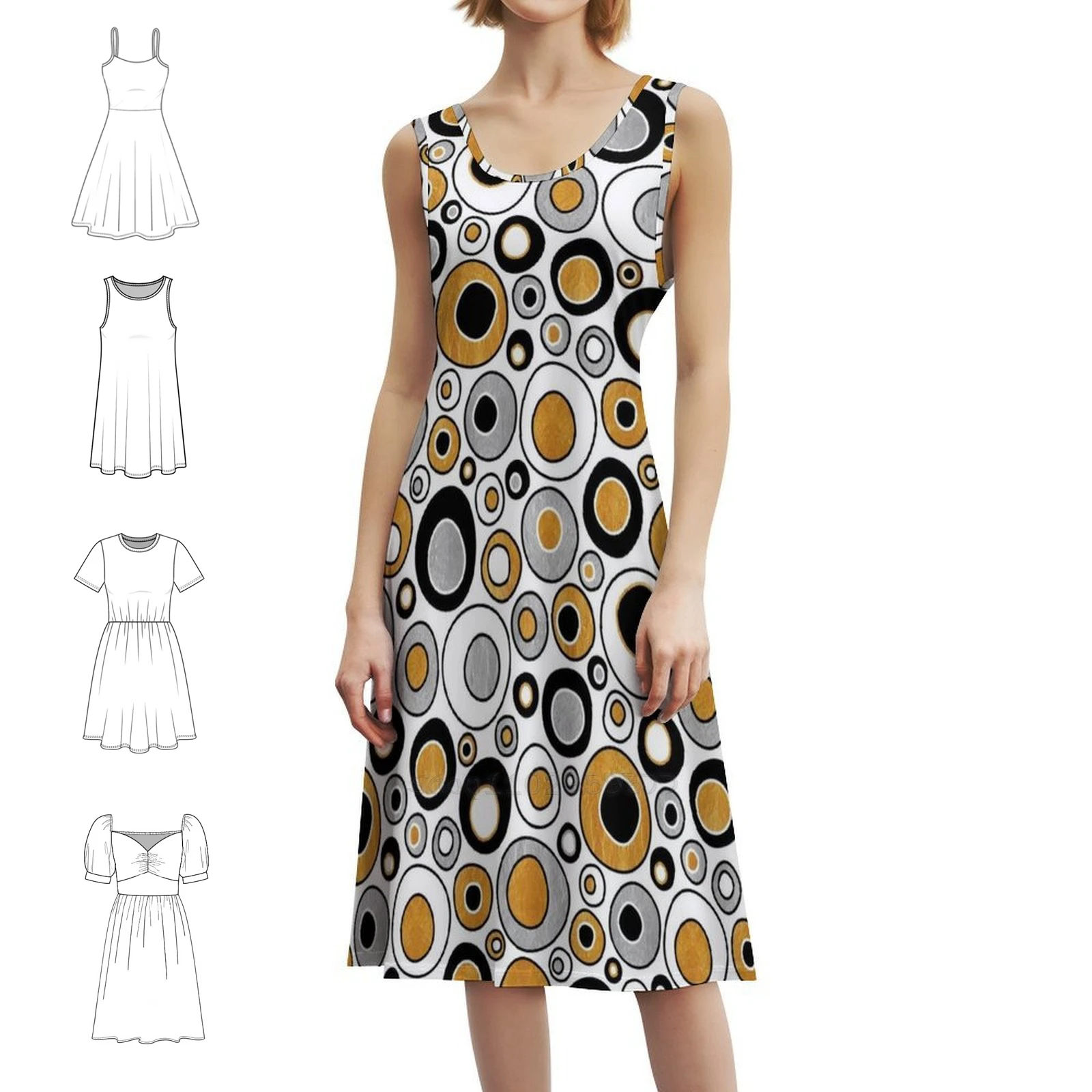 

Современные круги в стиле фанк середины века — белое, черное золото, винтажное богемное платье с пышными рукавами или варианты без рукавов для женщин, золотое платье