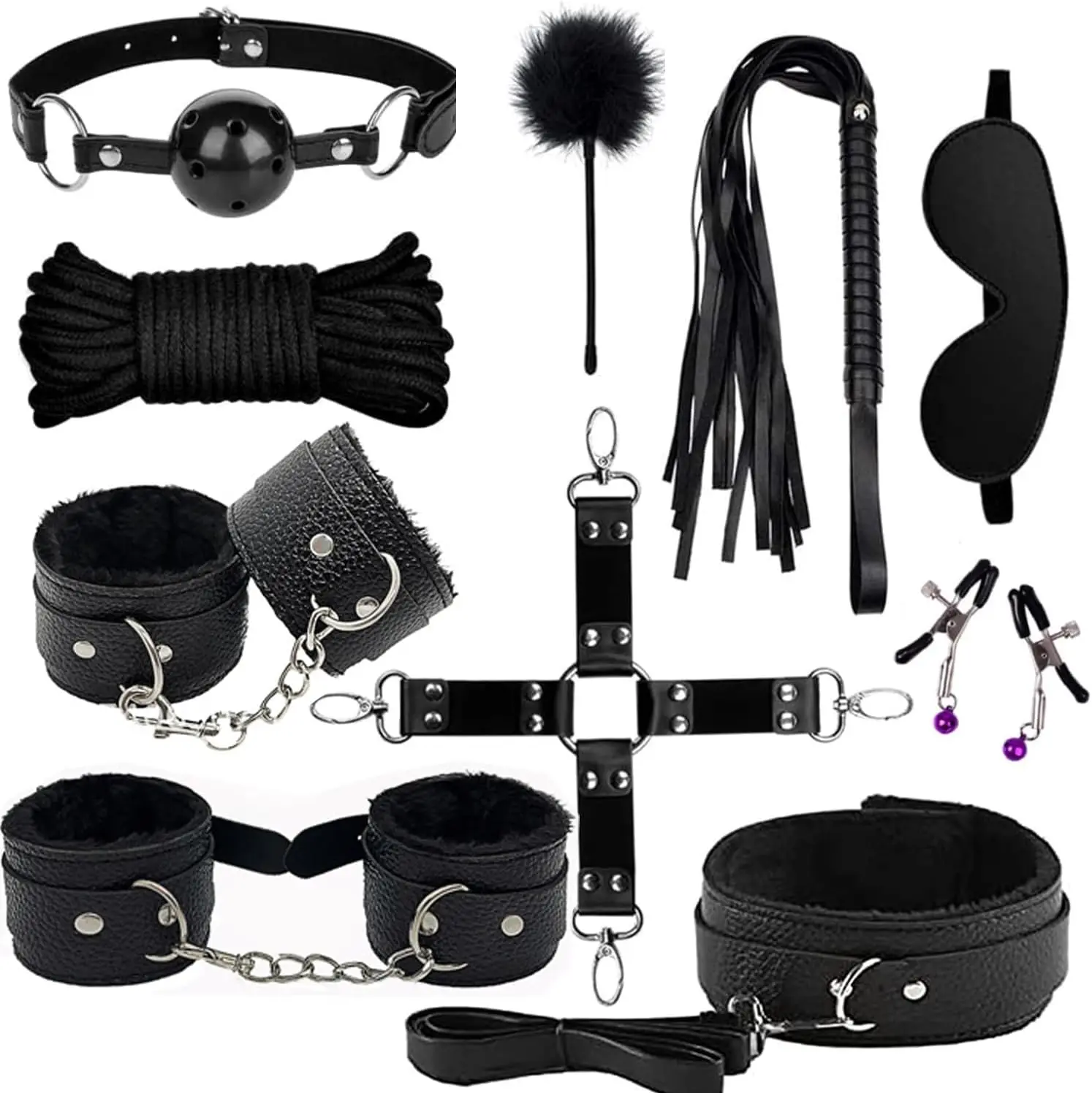 

Bondage set 10 Pcs BDSM set for couples Restraints Hand Cuffs Collar with Leash Nipple Clamps Fetish Whip Blindfold Ball Gag