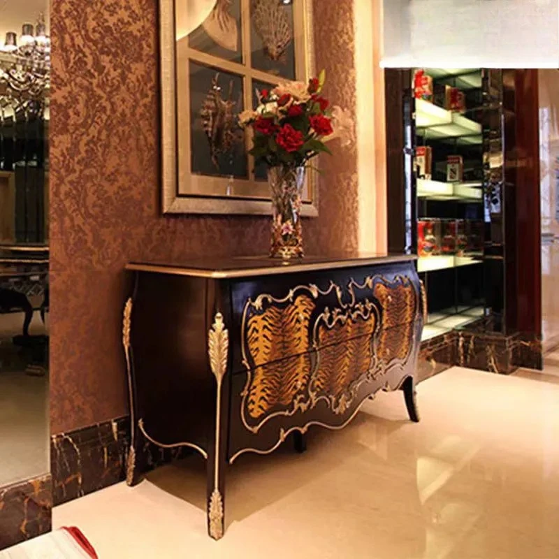 A Court Solid Wood Carving Flower Dining Room Side Cabinet Baking Paint Entrance Foyer Senior Porch Cabinet Villa Mansi