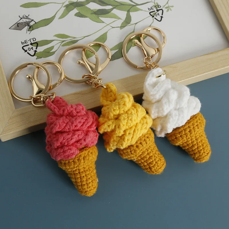 

Cute Ice Cream Series Crochet Keyrings Mini Ice Cream Cone Knitted Keyrings For Car Keys Keychain Handmake Knitting Accessories