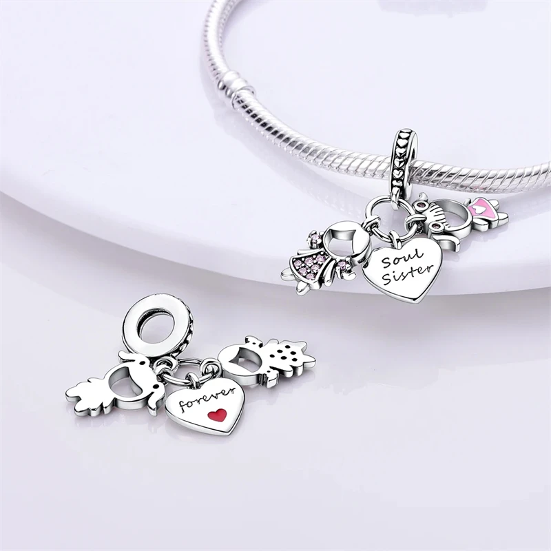 Silver Plated Boy Girl Couple Lovers Beads Charms Zirconium Dangle Fit Original Pandora Bracelet Necklace Jewelry Women Gift