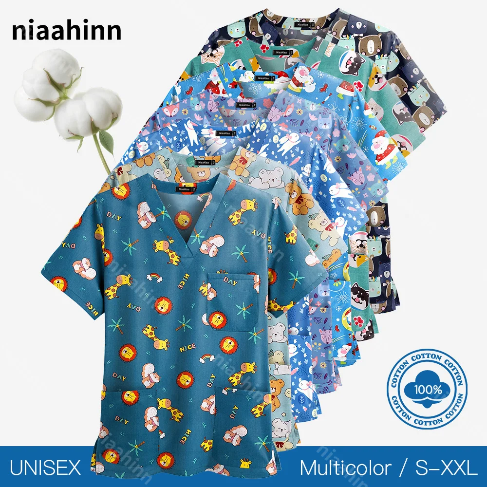 V-hals Scrub Uniformen Print Scrubs Top Dames met Zakken Pet Grooming Nurse Spa Caring Shirt De Enfermería Para Mujer Uniformes