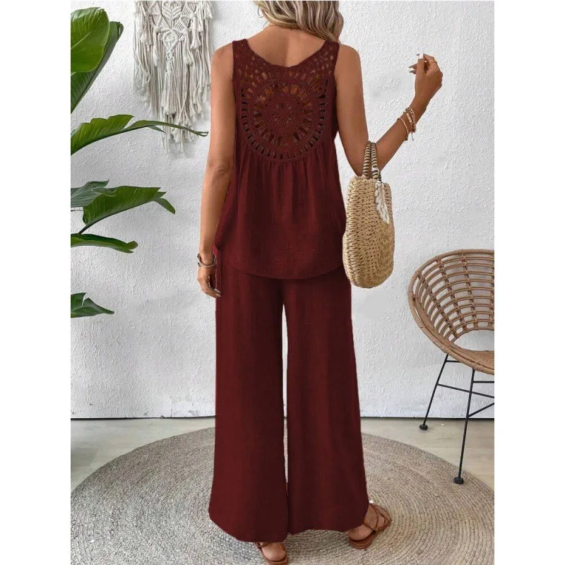 Spring Summer Fashion Solid Two Piece Sets 2024 Women Casual Loose Hollow Lace Sleeveless Top Wide Leg Pants Two Piece Set Woman