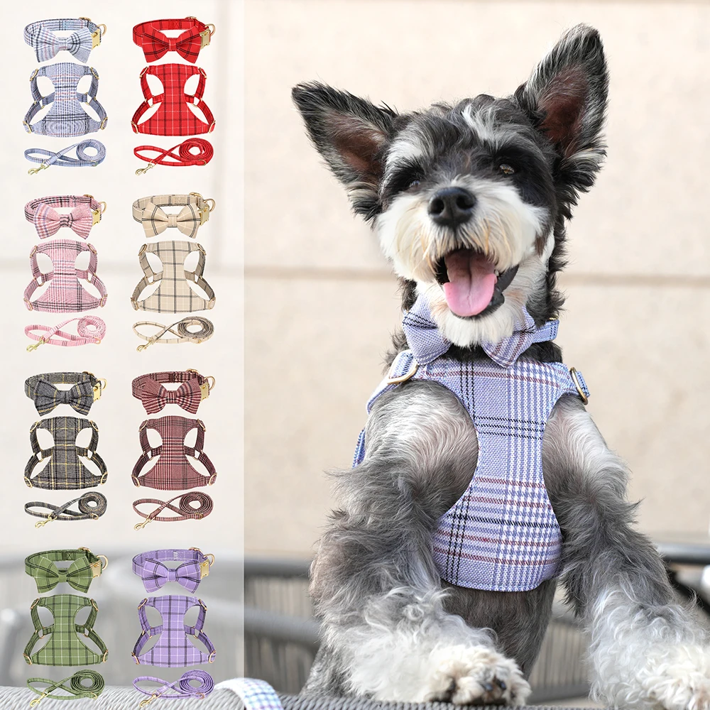 

3Pcs/Set Dog Collar Harness Leash Cute Bowknot Puppy Dogs Collars Classic Plaid Pet Necklace Vest With Lead Rope for Dogs Party