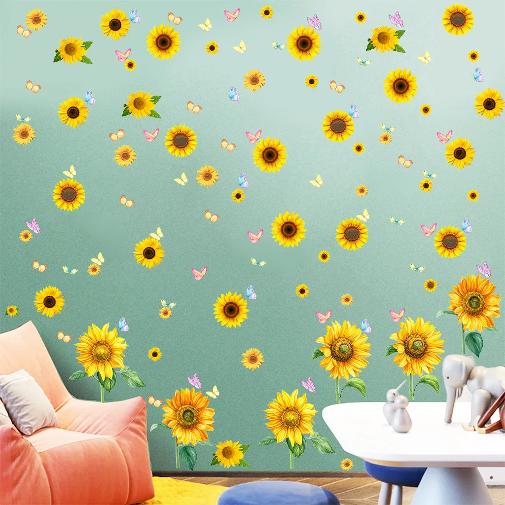 

Sunflower Plant Flower Butterfly Wall Stickers For Children's Room Kids Bedroom Baby Room Decor Removable Poster Home Decoration