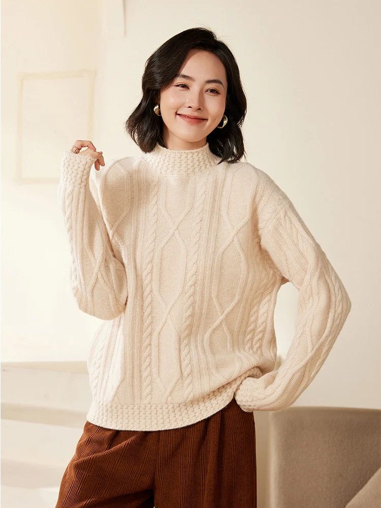 Women's Autumn Winter Mock Neck Pullover Cashmere Sweater Casual Loose Style 100% Merino Wool Knitwear Cable Knit Soft Warm Tops