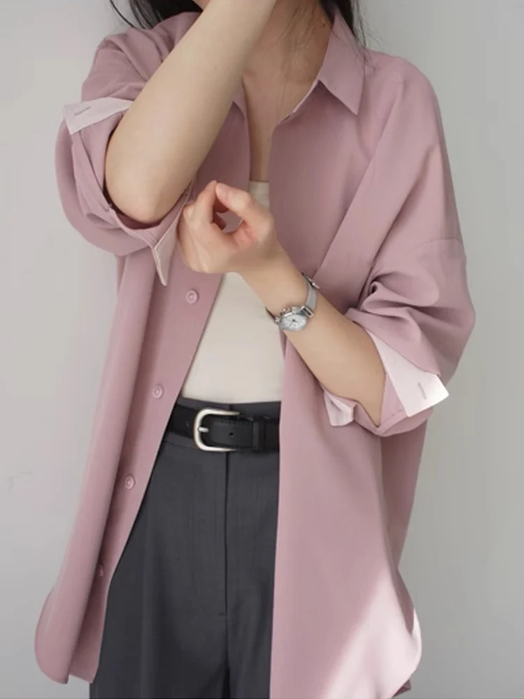 اللون حجب تصميم الشعور طويلة الأكمام فضفاضة تناسب قميص لينة التلبيب الربيع أعلى غير التجاعيد مثالية للنساء TT204 #3