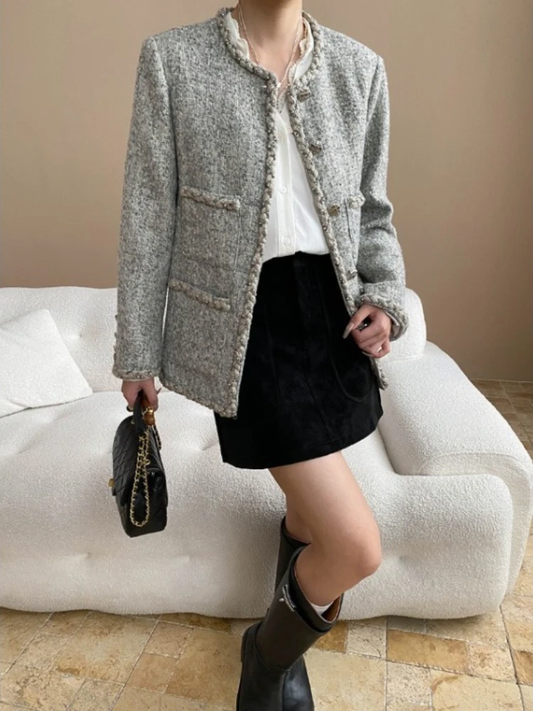 

Elegant Aesthetic Tweed Coat Women 2025 Early Autumn New High quality Jackets Vintage Fashion O-neck Long Sleeve Tops Mujer