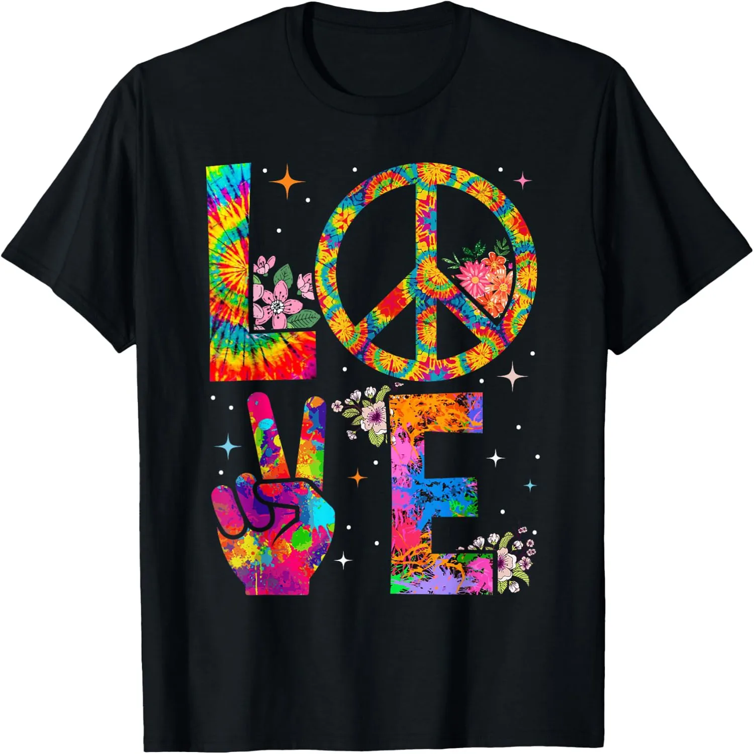 Peace Love Tie Dye Hippie Floral Peace Sign Colorful T-Shirt