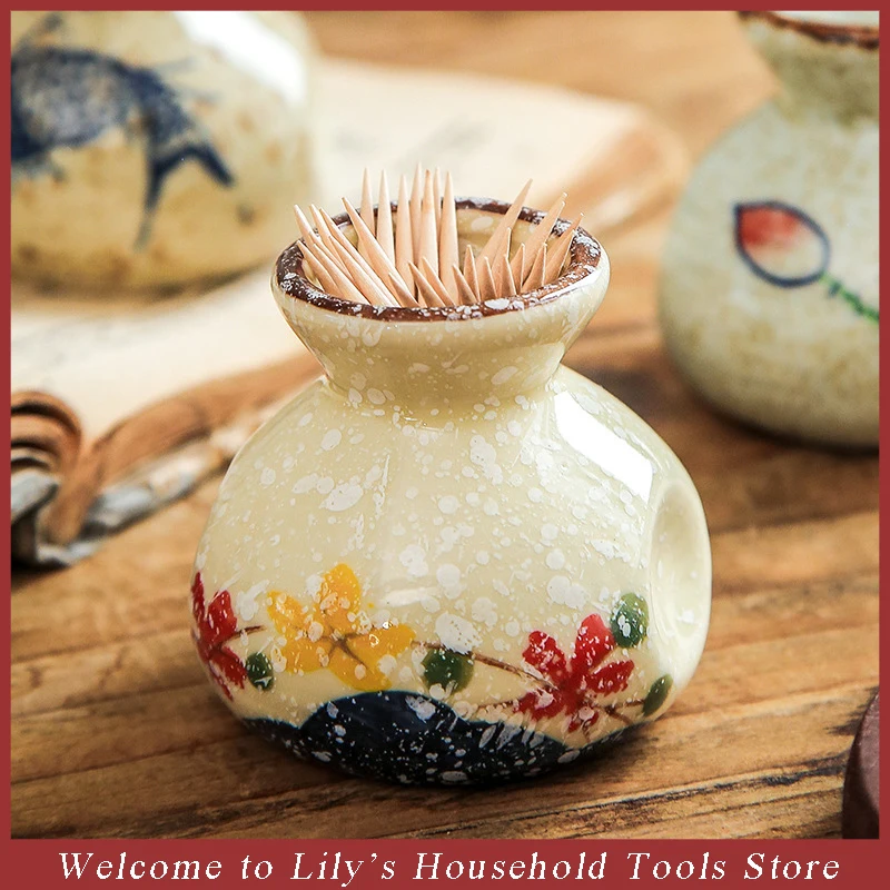 Toothpick Holder Ceramic Handmade Toothpick Container Japanese Style Cotton Swab Storage Jar Simple Small Vases Table Decoration