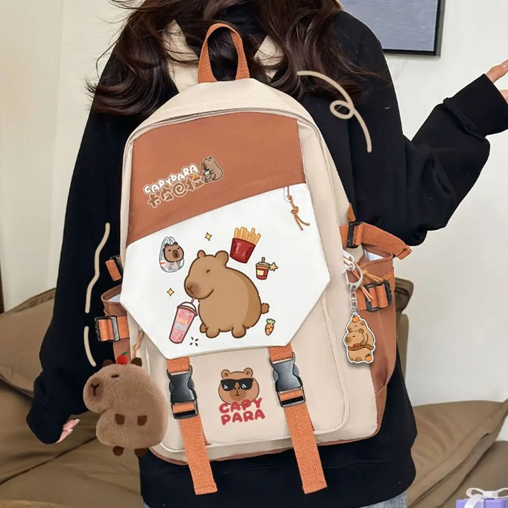 Cartoon Large Capacity Capybara Backpack Multi-layer Nylon School Backpack Stain-resistant Multipurpose Students Schoolbag