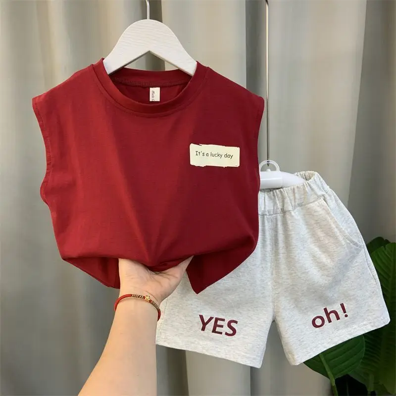 2026 Boy’s Loose Vest Sets Baby Casual Fashion Suit Summer New Children's Thin Sleeveless Round Neck Top Shorts 2Pcs 12M-6Years
