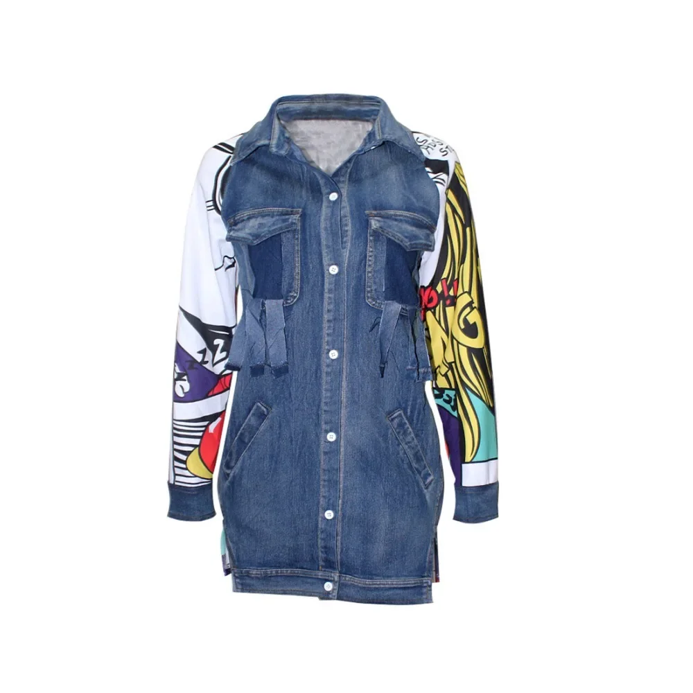 New Spring Autumn Women 2024 Jeans Jacket Casual Streetwear Print Coats Irregular Outwear Jackets Vintage Denim Jacket