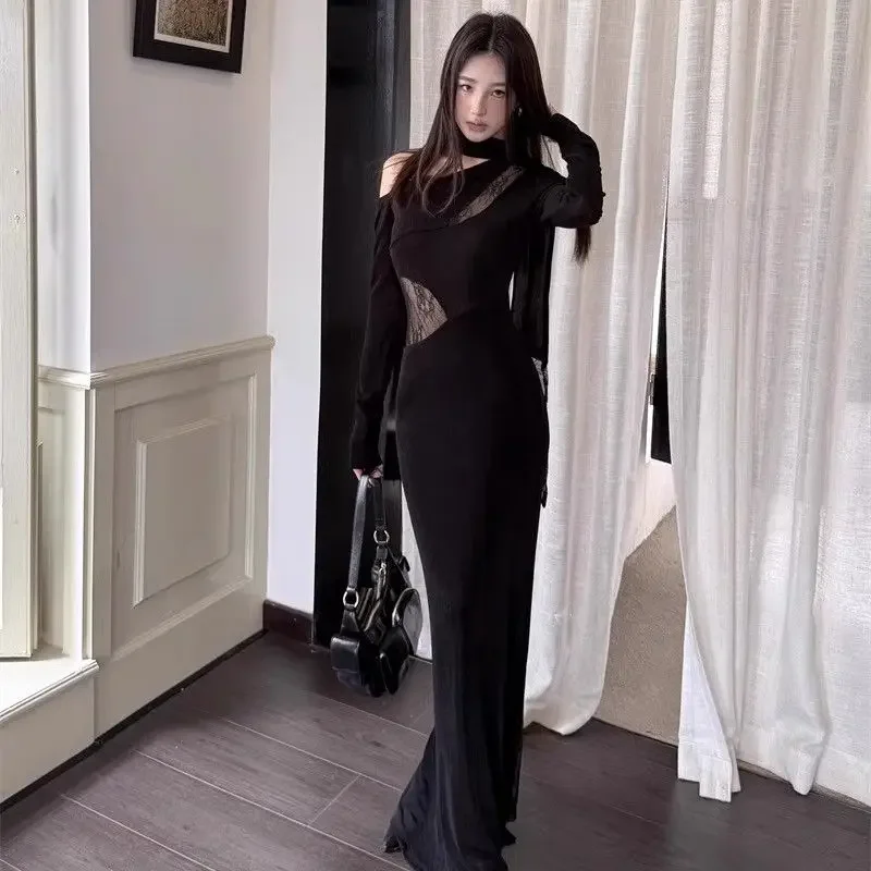 أسود مائل الياقة خارج الكتف الدانتيل الربط الإناث النبيلة الساخنة فتاة تصميم المتخصصة فساتين الورك