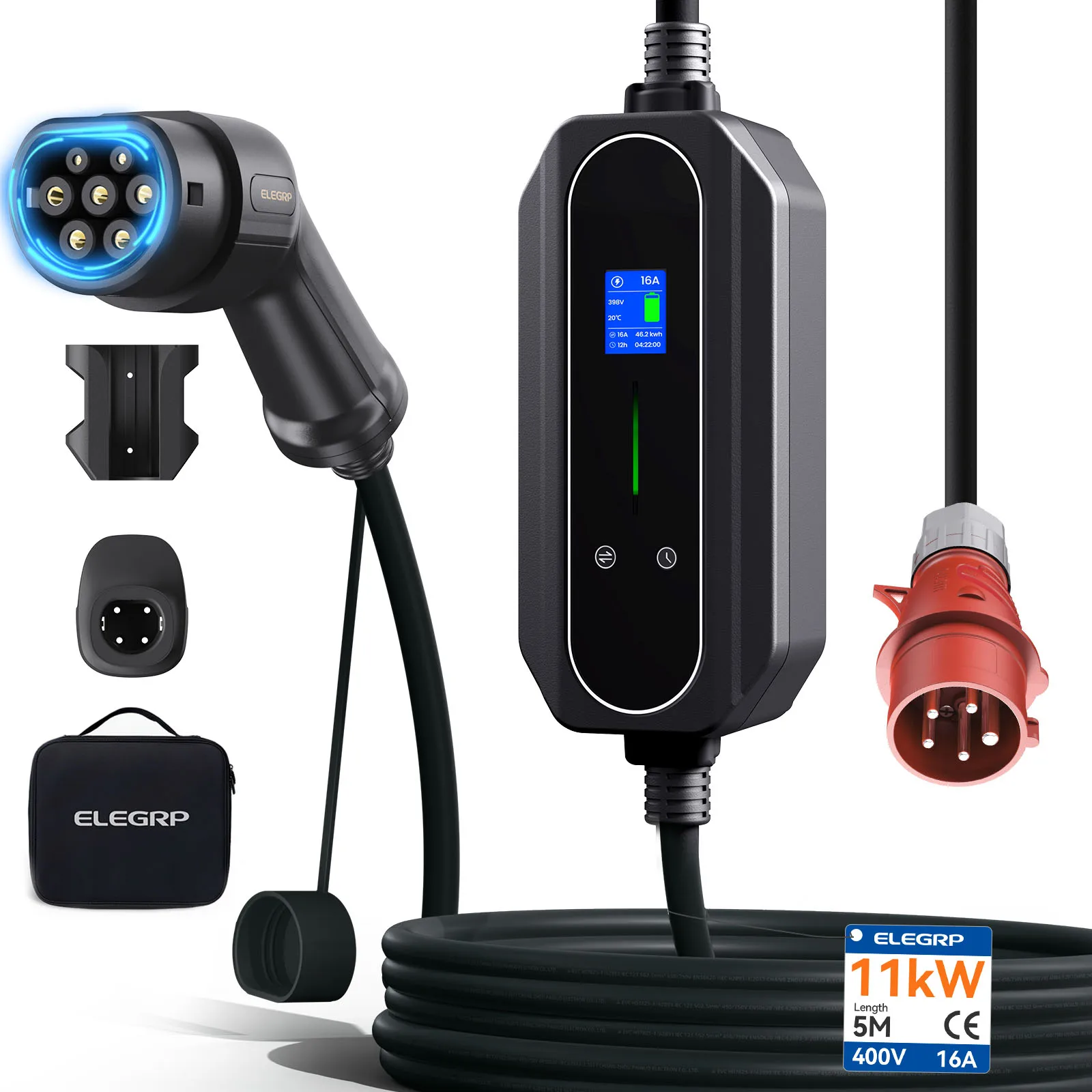 

ELEGRP 11kW Mobile Wallbox With Type 2 Charging Cable, 3-Phase EV Charger IP67 Mobile Charging Station For Home & On The Go