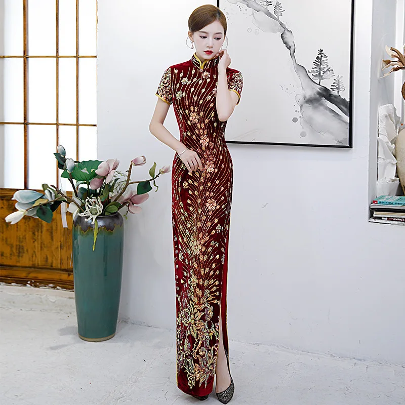 

Burgundy Luxury Gorgeous Long Fork Sequin Cheongsam Stage Show Dance Dress Elegant Sexy Slim Bodycon Qipao Fashion Gown