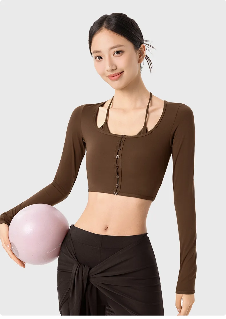 

Женская футболка с длинным рукавом для йоги, поддельная комплект из 2 предметов, эластичная облегающая футболка с лямкой на шее, дышащие топы для фитнеса, тренажерного зала, пилатеса