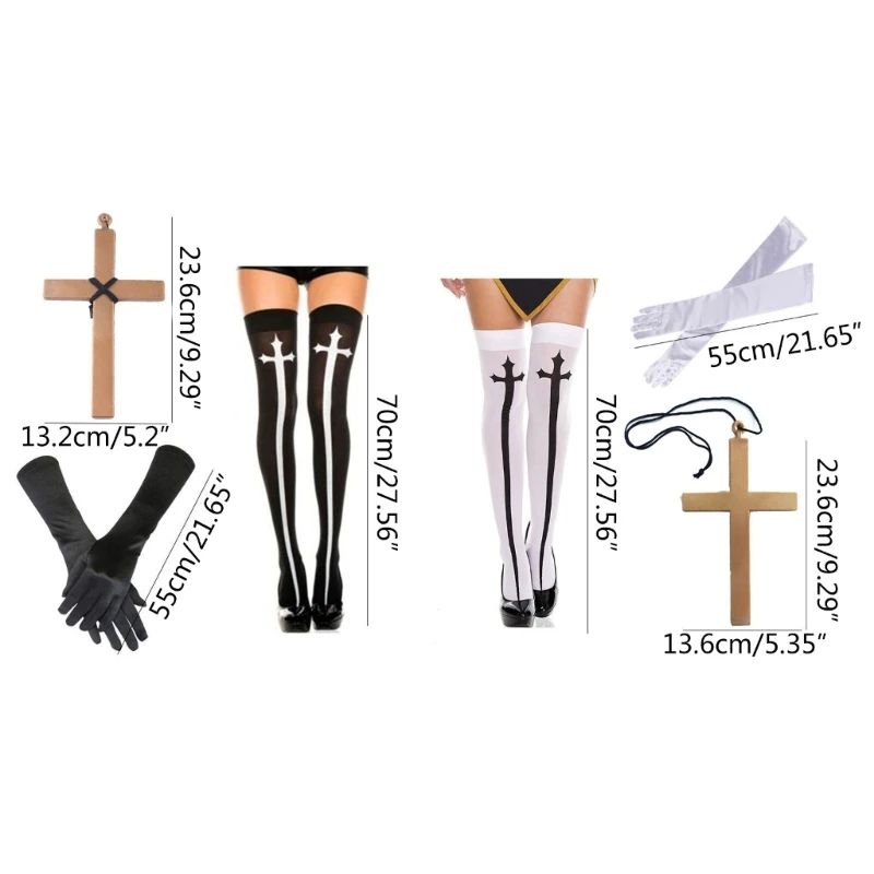 Accessoires Costume nonne d'halloween 634C 2/3/4, chapeau nonne, pendentif croisé, collier, chaussettes hautes pour